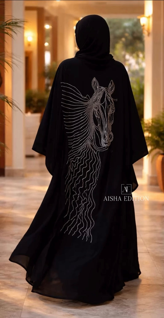 Elegant Black Abaya with Unique Horse Embroidery
